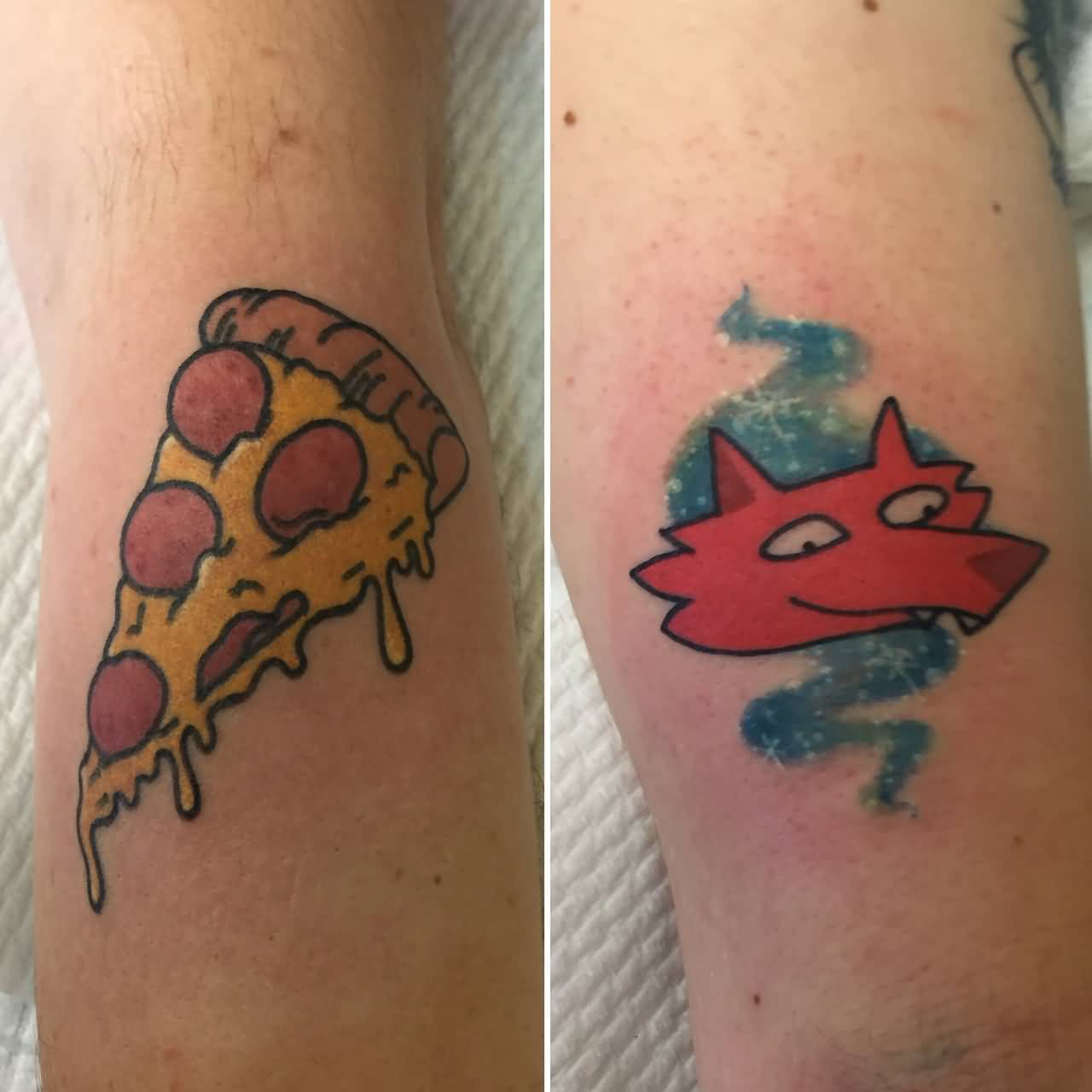 Pizza Slice And Fox Face Tattoos