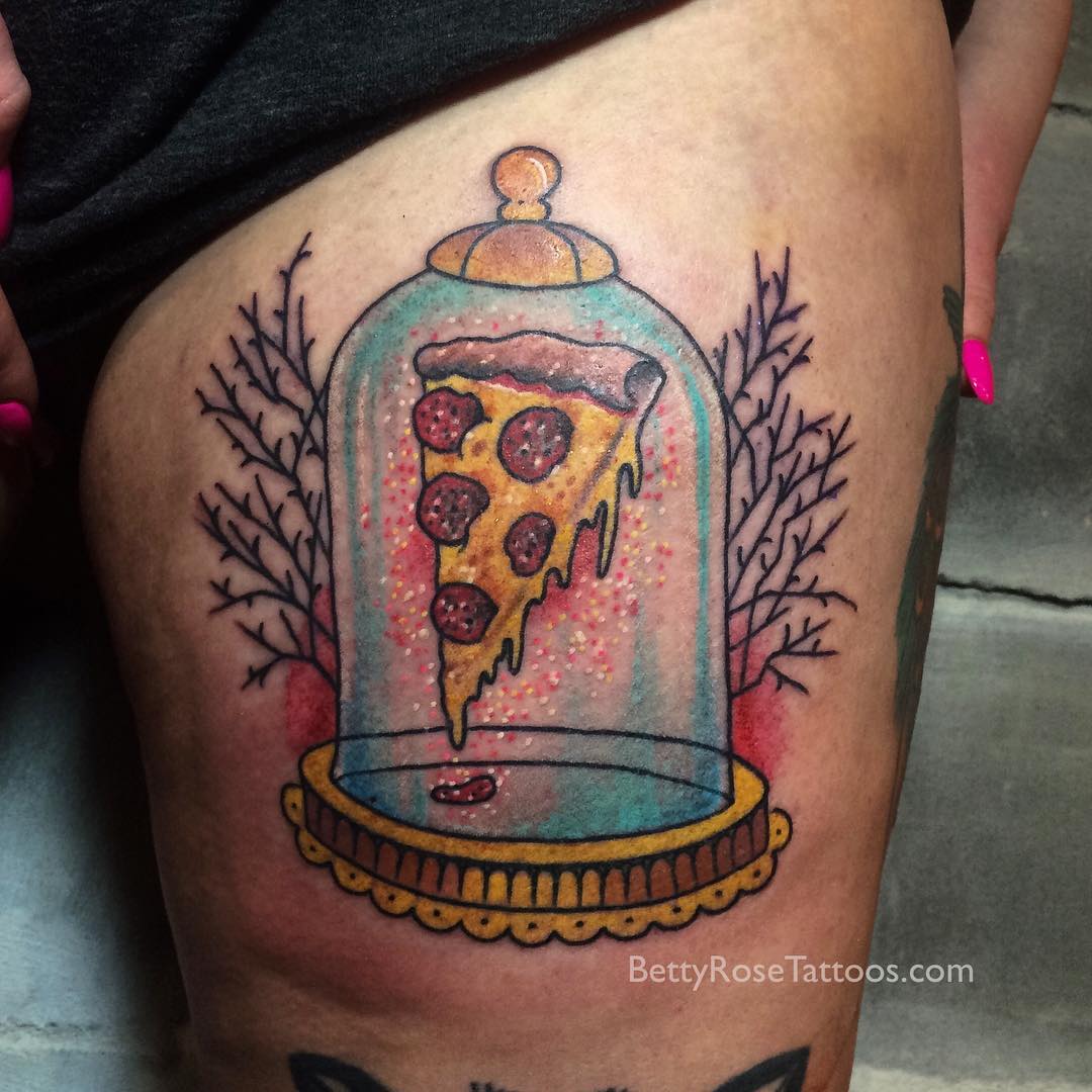Pizza Slice In Glass Cage Tattoo On Thigh