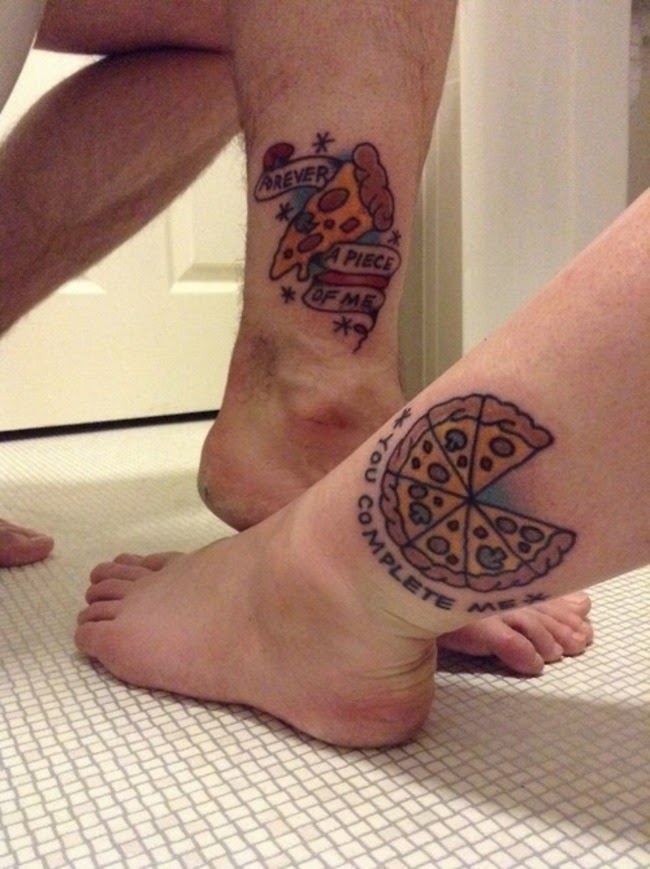 Pizza With Slice Matching Tattoos On Ankles