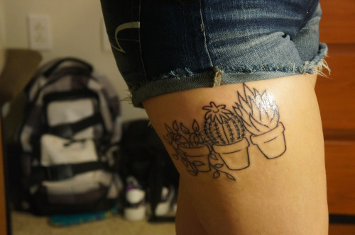 Potted Cactus And Simple Plants Tattoo On Thigh