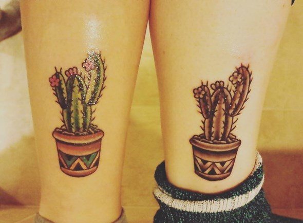 Potted Cactus Plant Matching Tattoos On Back Leg