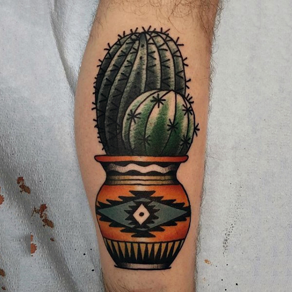 Potted Cactus Plant Tattoo On Arm Sleeve