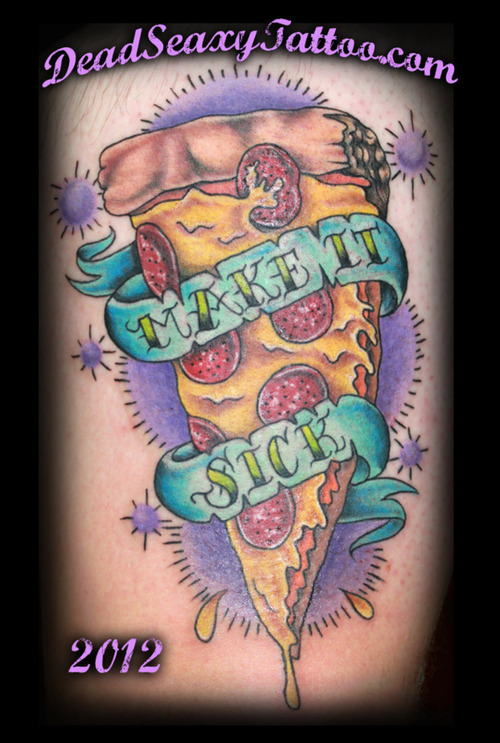 Pretty Lettering Banner Around Pizza Slice Tattoo