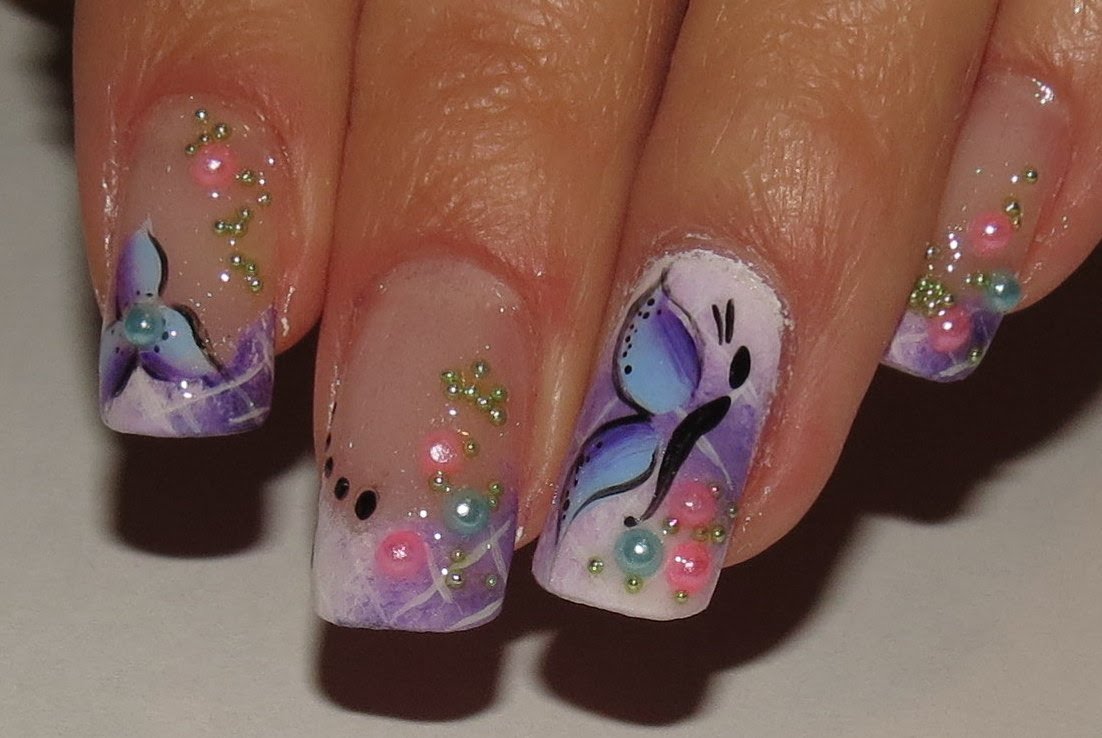 Purple Accent Butterfly Nail Art With Rhinestones Design Idea