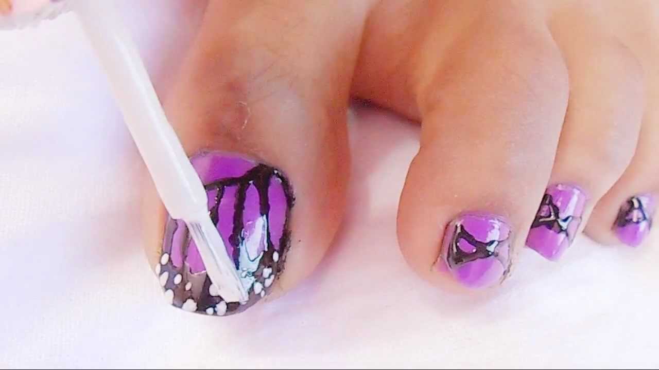 Purple And Black Butterfly Wings Toe Nail Art