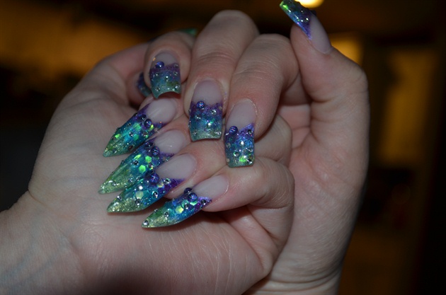 Purple And Green Gel Mermaid Edge Nail Art Design
