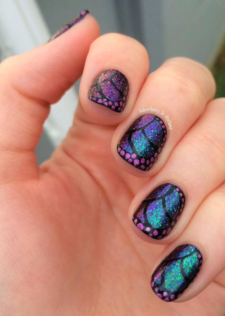 Purple And Green Gradient Butterfly Wings Nail Art