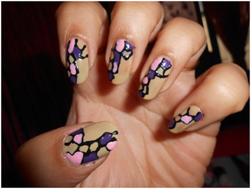 Purple And Pink Freehand Mosaic Nail Art Design Idea