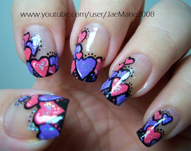 Purple And Pink Heart Nail Art Design Idea