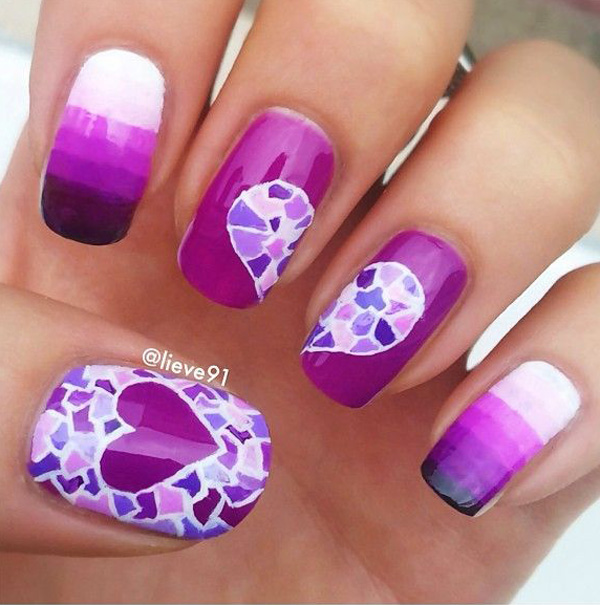 Purple And Pink Mosaic Heart Nail Art Design Idea