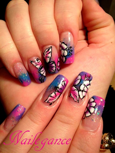 Purple And Pink Ombre Butterflies Nail Art Design Idea