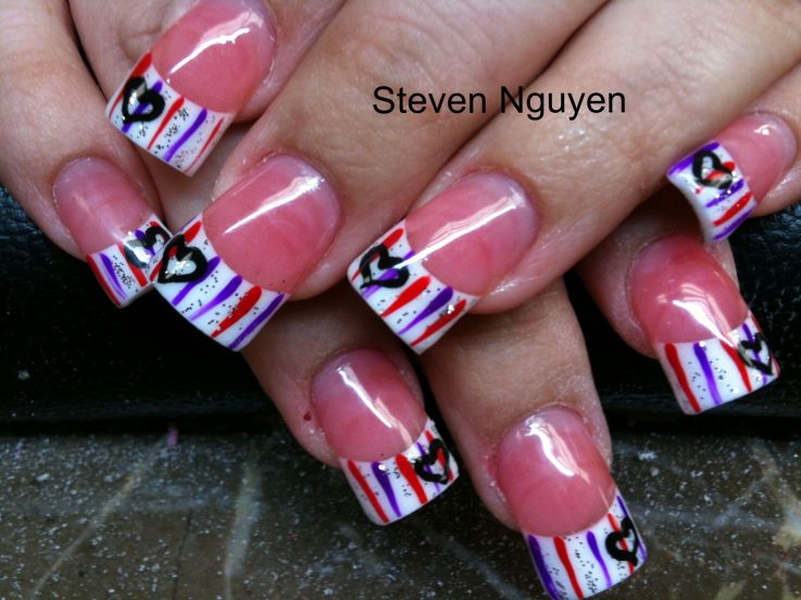 Purple And Red French Tip Stripes With Black Heart Nail Art