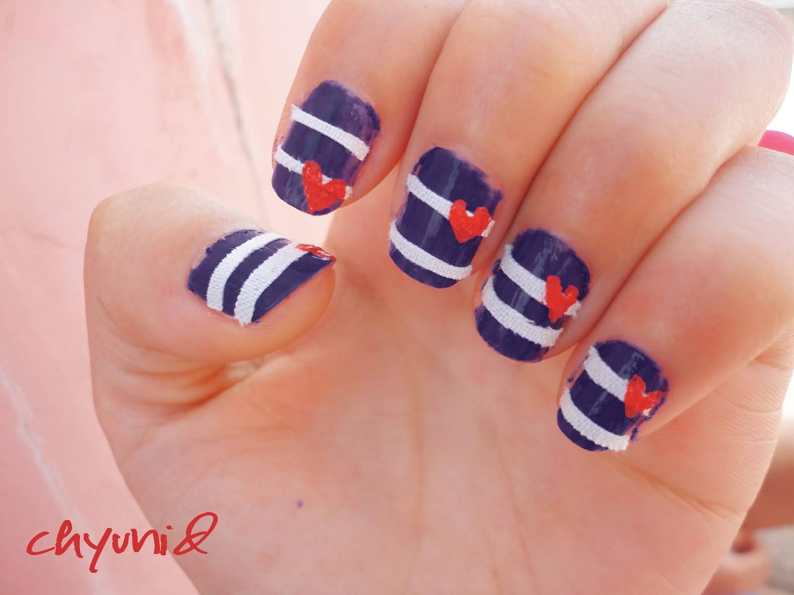Purple And White Stripes With Red Heart Nail Art