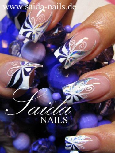 Purple And White Swirl Design Butterfly Nail Art