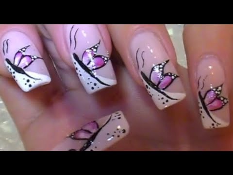 Purple Butterflies With White Diagonal Tip Design Nail Art