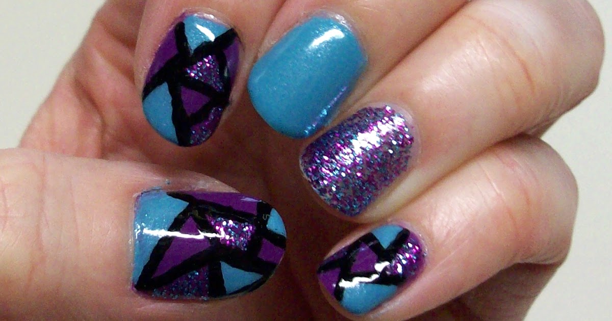 Purple Glitter Gel And Blue Mosaic Nail Art Design Idea