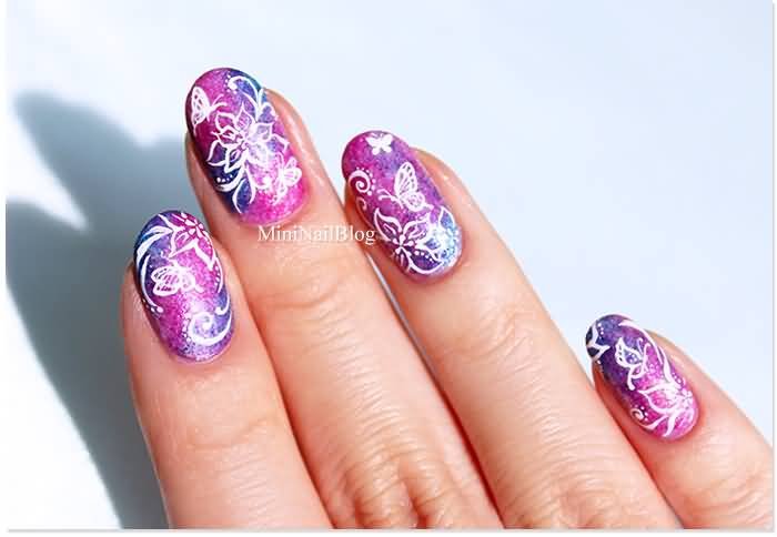 Purple Gradient Nails With White Flowers And Butterfly Nail Art