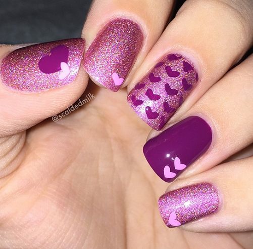 Purple Hearts Nail Art Design Idea