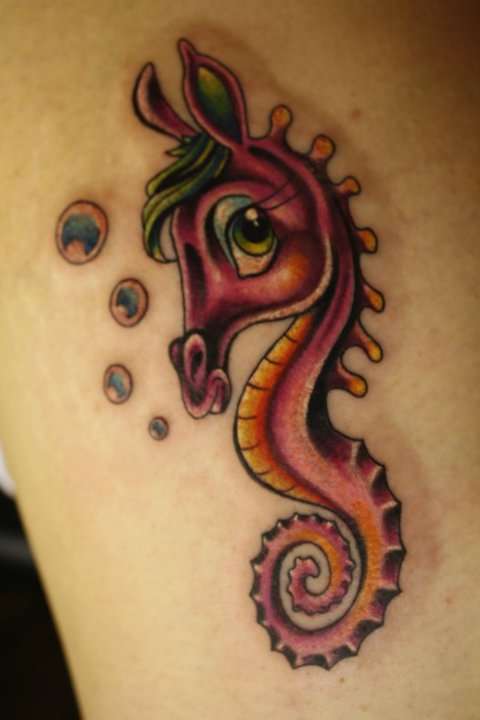 Purple Ink Seahorse With Water Bubbles Tattoo