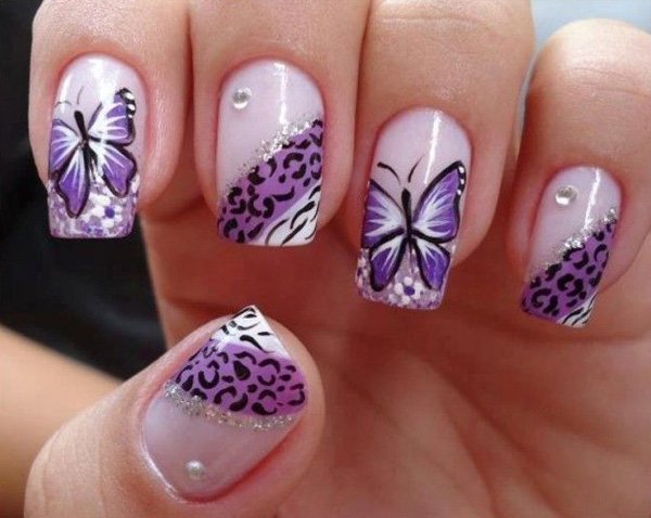 Purple Leopard Print And Butterfly Nail Art