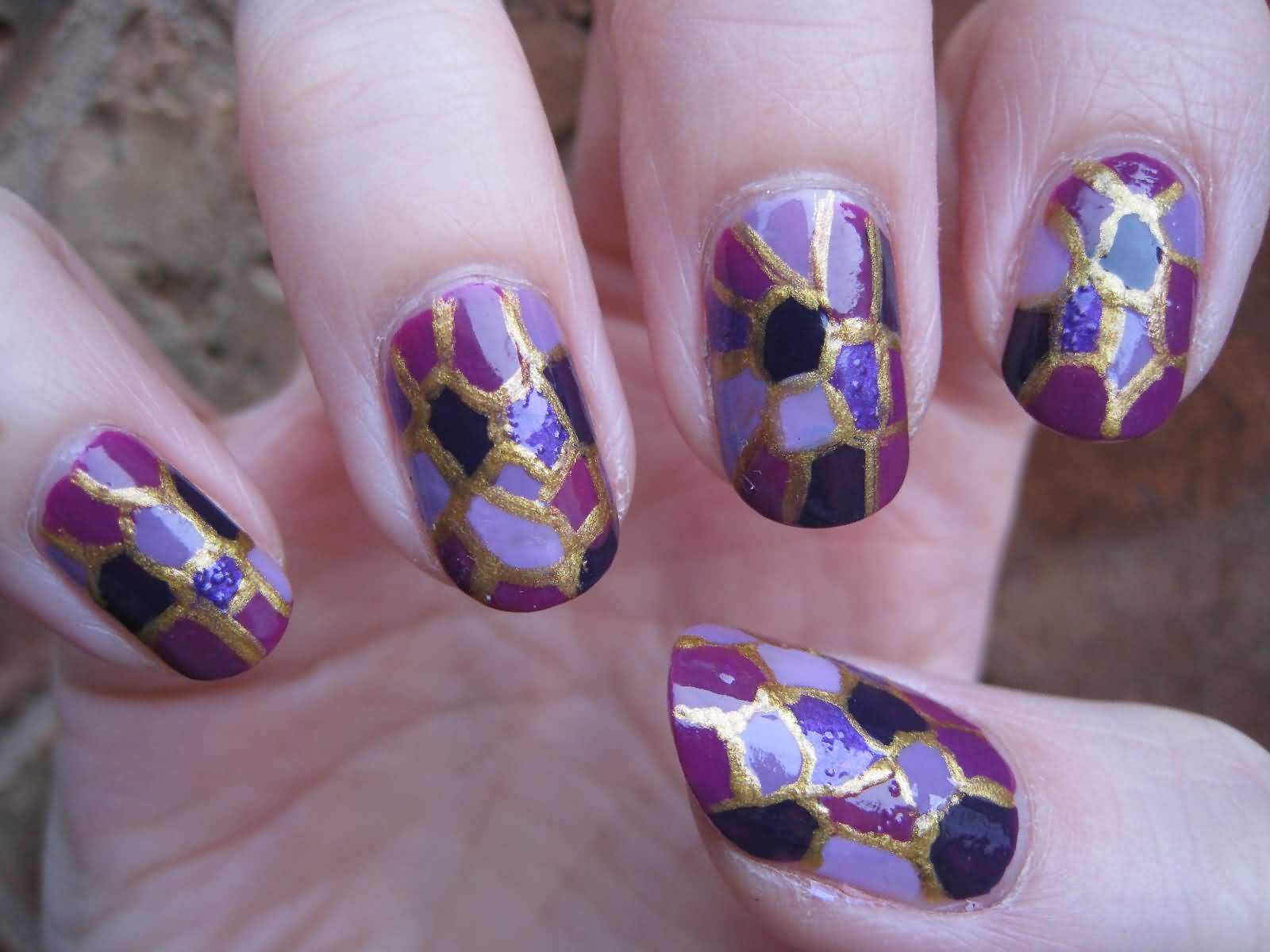 Purple Mosaic Nail Art With Golden Outline Design Idea