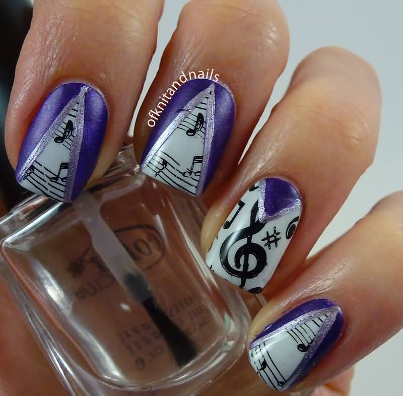 Purple Nail Design With Music Notes Nail Art Idea