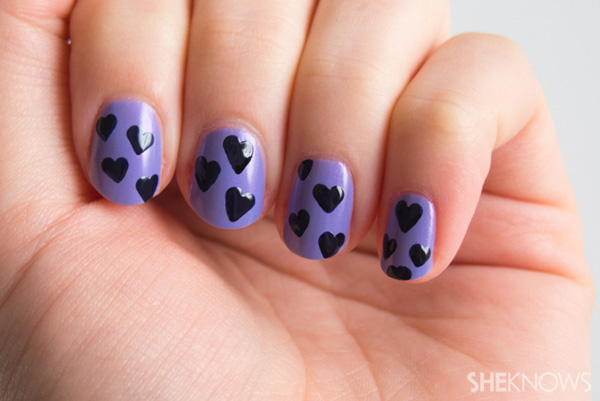 Purple Nails With Black Acrylic Hearts Nail Art