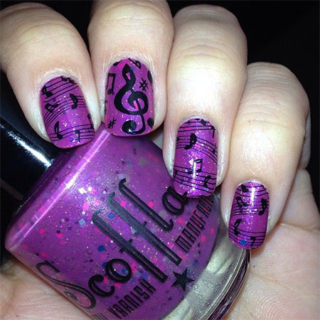 Purple Nails With Black Music Notes Nail Art Design Idea