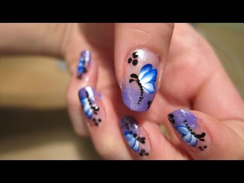 Purple Tip With Blue Butterfly Nail Art