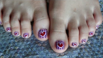 Purple Toe Nails With Black Stripes Red Heart Nail Art