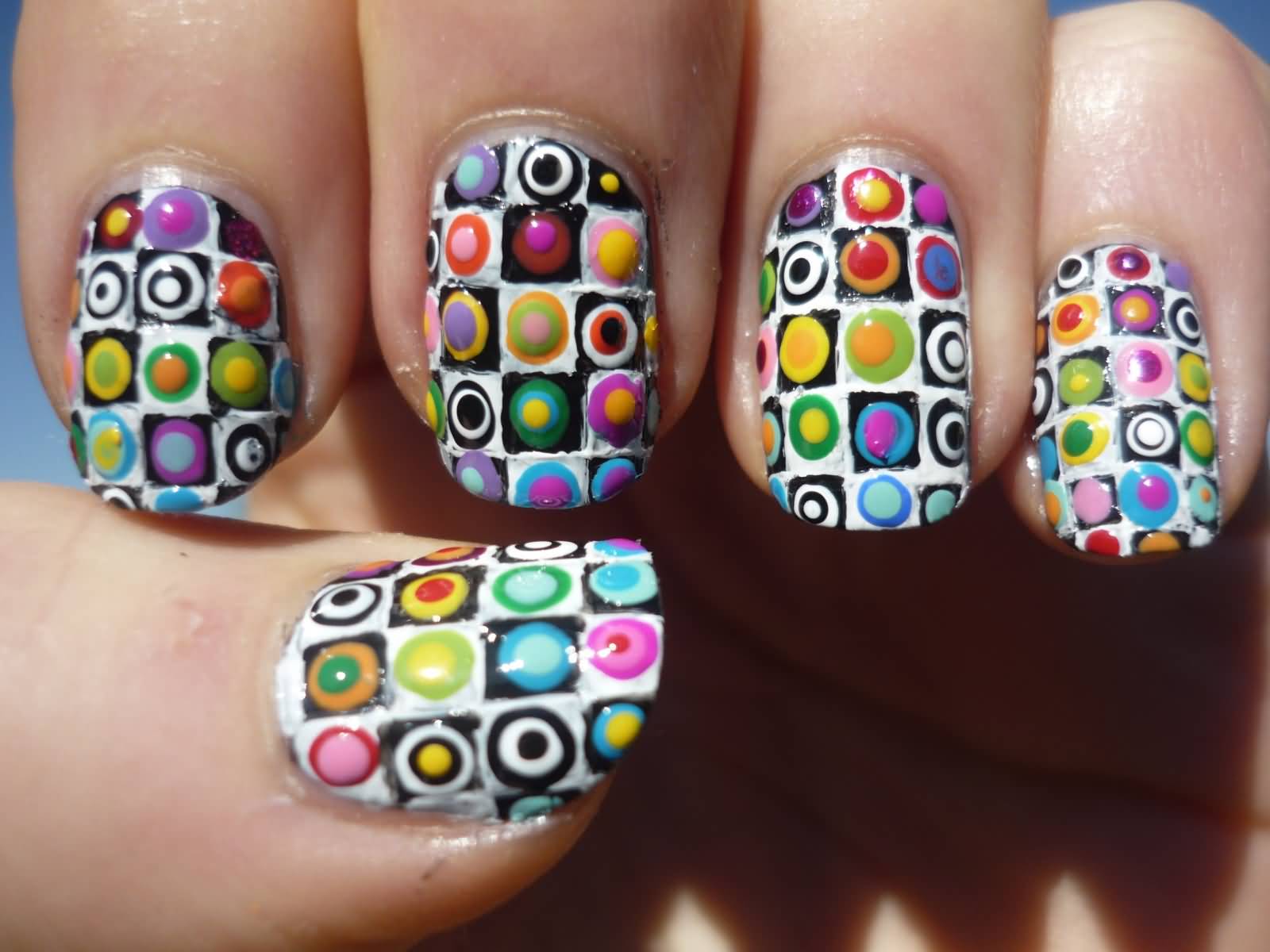 Rainbow Checkered Polka Dots Pattern Nail Art Design