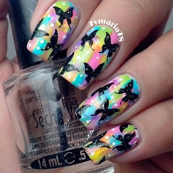Rainbow Pastel Nails With Black Butterflies Nail Art