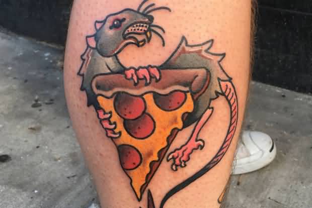 Rat Holding Pizza Traditional Tattoo On Right Leg
