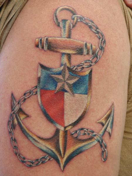 Realistic Anchor With Texas Flag Tattoo By Mario Sanchez
