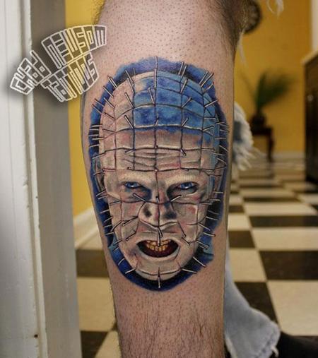 Realistic Angry Pinhead Face Tattoo
