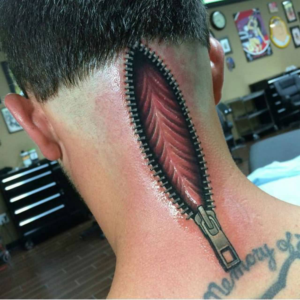 Realistic Back Head Inner Skin Zipper Tattoo