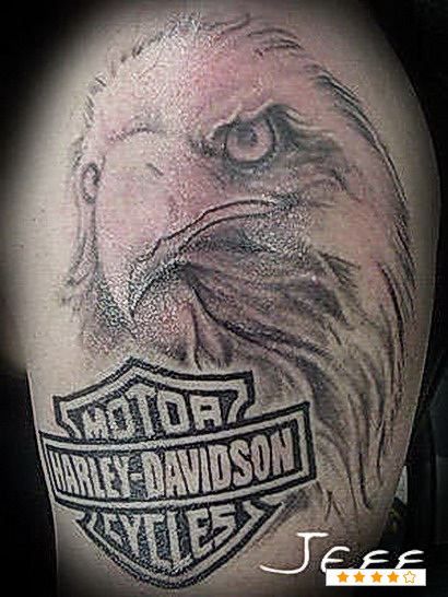 Realistic Colored Eagle Head And Harley Bike Logo Tattoo