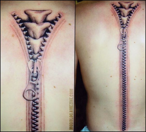 Realistic Colored Spine Zipper Tattoo