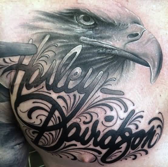 Realistic Eagle And Decorative Harley Davidson Words Tattoo On Chest