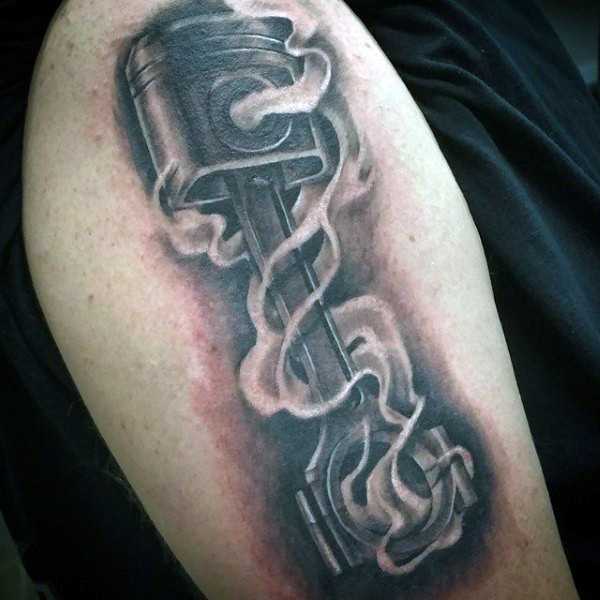 Realistic Grey And Black Harley Engine Piston Tattoo For Guys