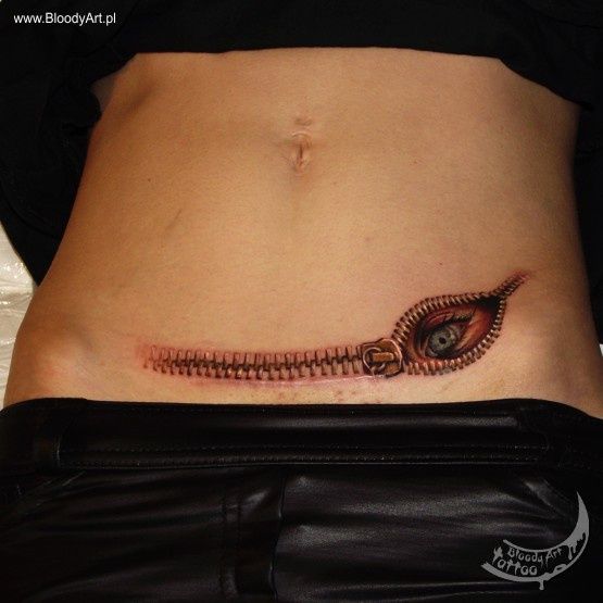 Realistic Grey Eye Zipper Tattoo On Waist