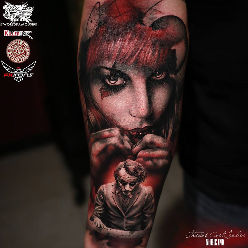 Realistic Harley Quin And Joker Tattoo