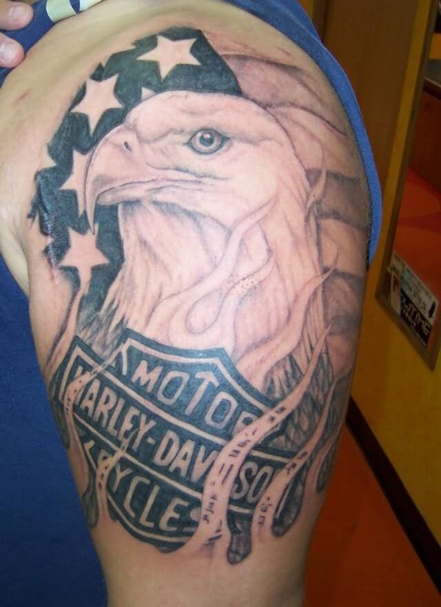 Realistic Large Eagle And Harley Bike Logo Tattoo On Left Half Sleeve