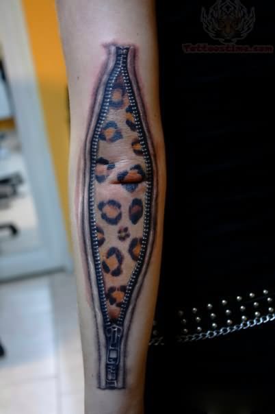 Realistic Leopard Zipper Tattoo On Arm Sleeve