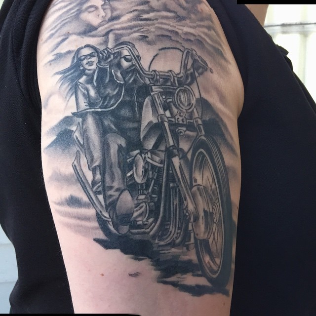 Realistic Men Riding Harley Tattoo On Right Shoulder