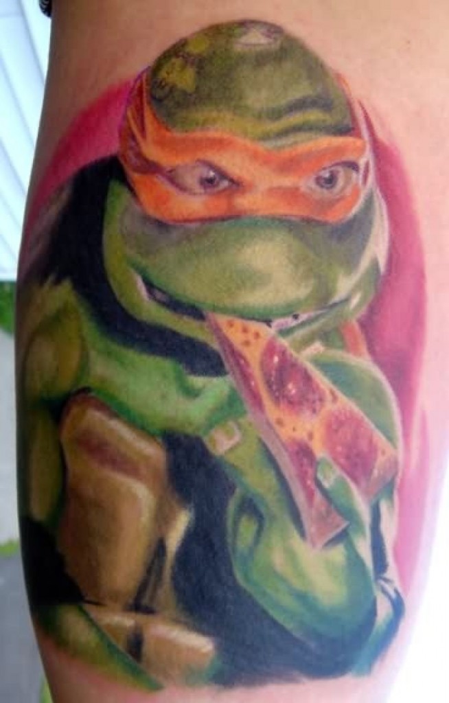 Realistic Michelangelo Eating Pizza Slice Tattoo