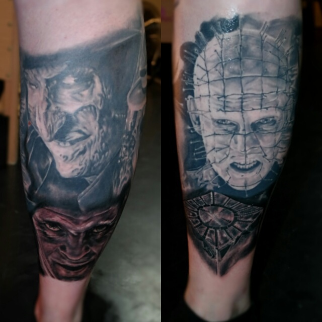 Realistic Pinhead And Freddy Portrait Tattoos