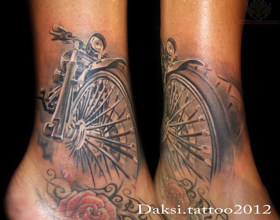 Realistic Red Rose And Harley Davidson Tribal Design Tattoo On Ankle