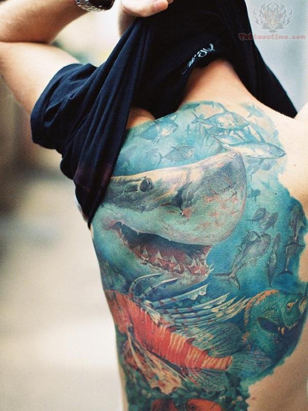 Realistic Sea Creature Under Water View Colorful Tattoo On Back