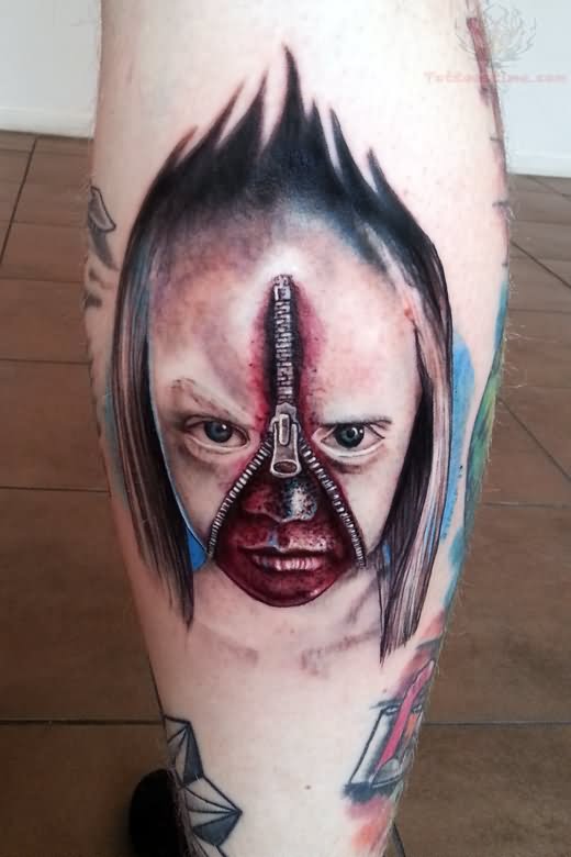 Realistic Zombie Girl Zipper Tattoo On Back Leg